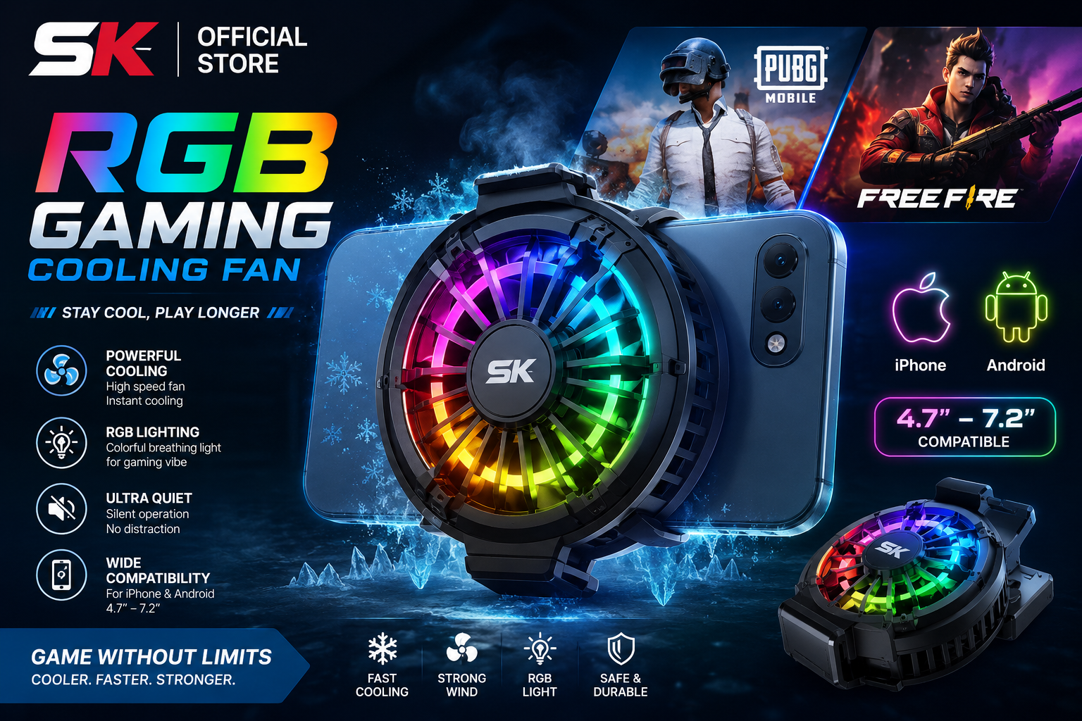 RGB Gaming Cooling Fan for Android & iPhone | SK Official Store PUBG & Free Fire